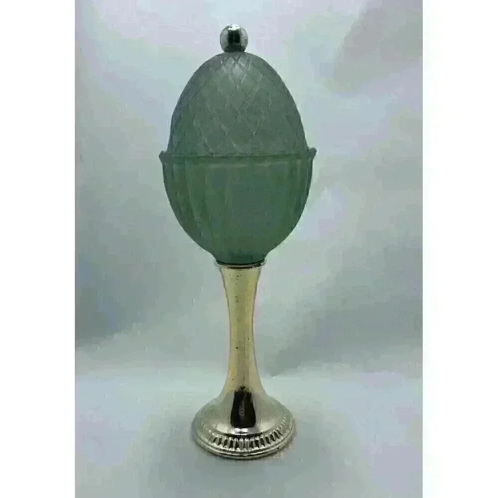 Vintage 1968 Avon Green Regence Tall Pedestal Candle‎ Holder with Lid Gold Base​